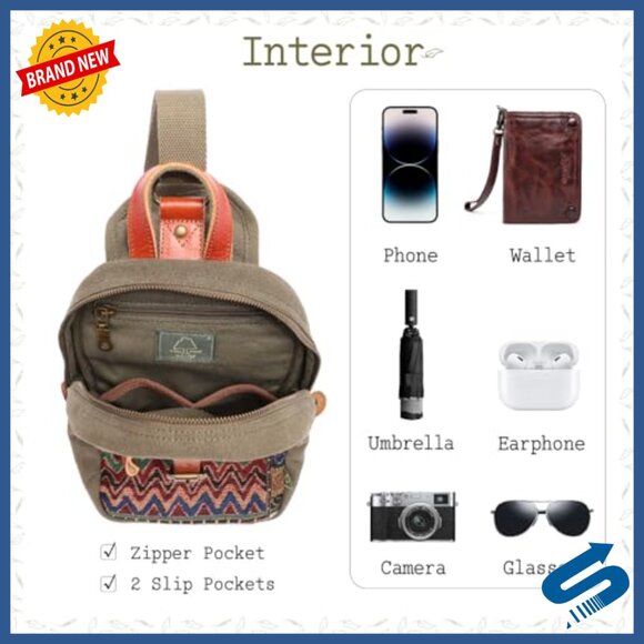 Canvas Sling Bag with Leather Accents, Adjustable Strap, 4 Pockets - Picture 3 of 6